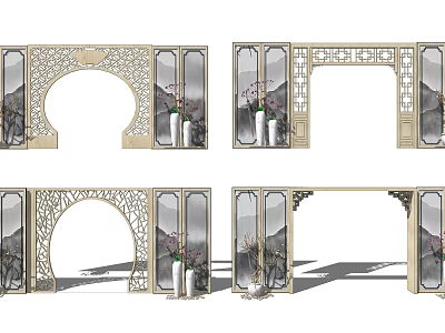 Traditional Chinese Carved Archway Design With Screen Vases And Landscape Paintings 3d model