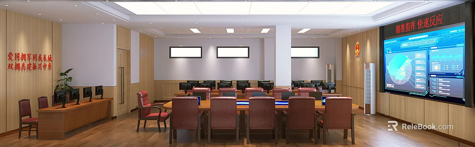 Professional Security Monitoring Room Interior With Multiple Screens Control Panels And Comfortable Workstations 3d model 