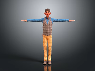 Man with outstretched arms wearing blue shirt plaid vest yellow checkered pants on gray background 3d model