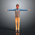 Man with outstretched arms wearing blue shirt plaid vest yellow checkered pants on gray background