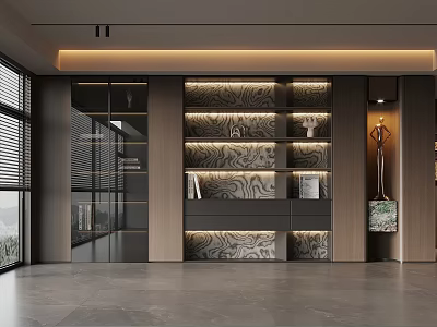 Modern Wooden Bookcase with Layered Shelves LED Lighting and Decor Items 3d model