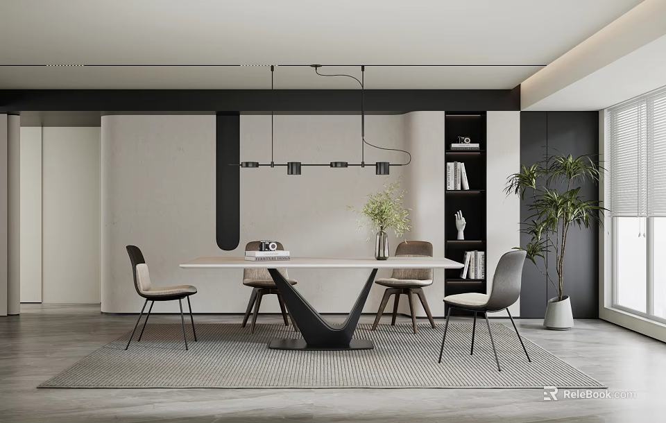Modern Restaurant Interior With Dining Table Chairs Pendant Lights Bookshelf Plants And Rug 3d model 