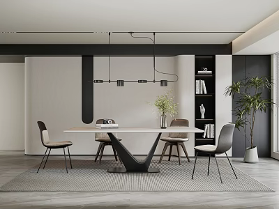 Modern Restaurant Interior With Dining Table Chairs Pendant Lights Bookshelf Plants And Rug 3d model