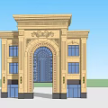 European Style Entrance Gate With Ornate Carvings Arched Design Side Windows And Stone Material