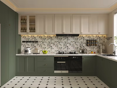 Stylish Green And White Kitchen Interior With Patterned Backsplash Appliances And Black White Floor Tiles 3d model