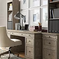 Wooden Office Desk With Bookcase Lamp Beige Chair And Decorative Wall Art