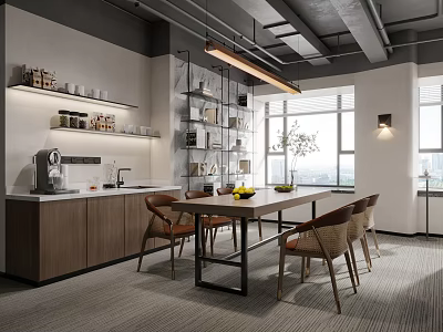 Modern Conference Room Interior Design With Long Table Brown Chairs Open Shelves And Large Windows 3d model