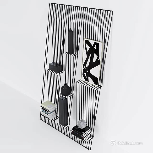 Modern Black Metal Frame Bookcase With Geometric Pattern Painting Books And Decorative Items 3d model 