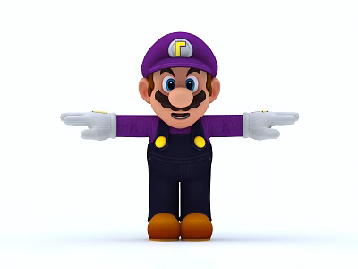 Cartoon Man In Purple Outfit With White P Logo On Hat And Outstretched Arms 3d model