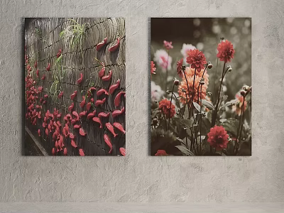 Plant Paintings Featuring Red Chili Peppers Green Plants Red Pink Flowers Hanging on Gray Wall 3d model