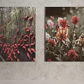 Plant Paintings Featuring Red Chili Peppers Green Plants Red Pink Flowers Hanging on Gray Wall