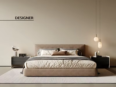 Designer Double Bed with Upholstered Headboard Pillows and Bedding in Modern Bedroom Interior 3d model