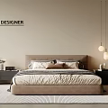 Designer Double Bed with Upholstered Headboard Pillows and Bedding in Modern Bedroom Interior