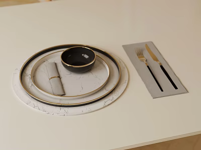 Modern Dinnerware Set with Stacked Plates Black Bowl Napkin and Fork Knife on Placemat 3d model