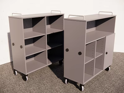 Gray Mobile Storage Cabinet Shelves With Open Shelves Doors And Metal Mesh 3d model