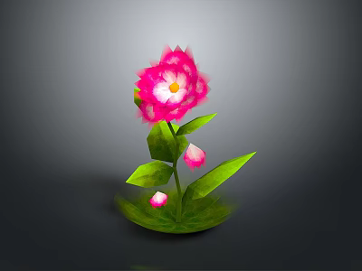 Vibrant Pink Flower With Fresh Green Leaves And Small Pink Buds On Green Base 3d model