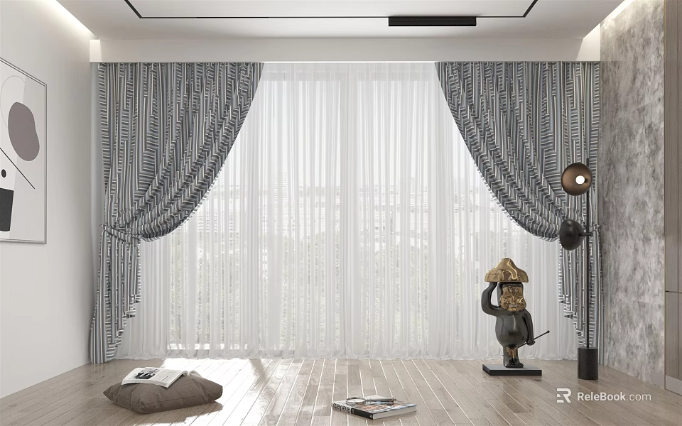 Gray Patterned Curtains With Sheer Layers In Modern Room With Wooden Floor And Floor Lamp 3d model 