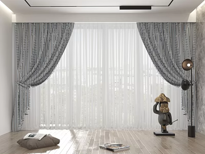 Gray Patterned Curtains With Sheer Layers In Modern Room With Wooden Floor And Floor Lamp 3d model