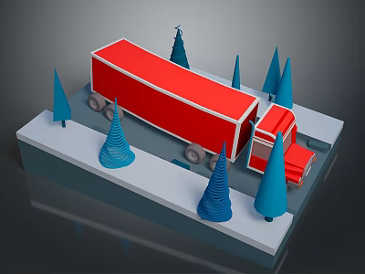 Red Truck Driving Through Snowy Ground With Blue Cone Shaped Trees 3d model