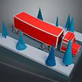 Red Truck Driving Through Snowy Ground With Blue Cone Shaped Trees