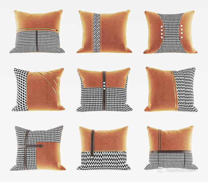 Stylish Decorative Orange Pillows With Black And White Checkered Patterns And Buttons 3d model
