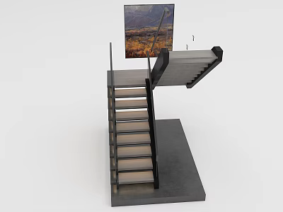 Modern Interior Staircase With Wooden Steps Metal Railings And Wall Art Design 3d model