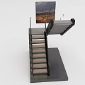 Modern Interior Staircase With Wooden Steps Metal Railings And Wall Art Design
