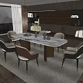 Modern Oval Marble Dining Table Set With Gray Chairs Metal Legs Bookshelves And Plant