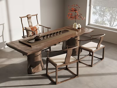 Natural Wood Tea Table With Wooden Chairs And Tea Set Near Window Interior 3d model