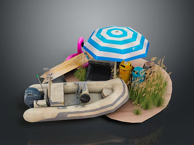 Inflatable Boat Scene With Blue And White Striped Umbrella And Flamingo Decor 3d model
