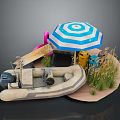 Inflatable Boat Scene With Blue And White Striped Umbrella And Flamingo Decor