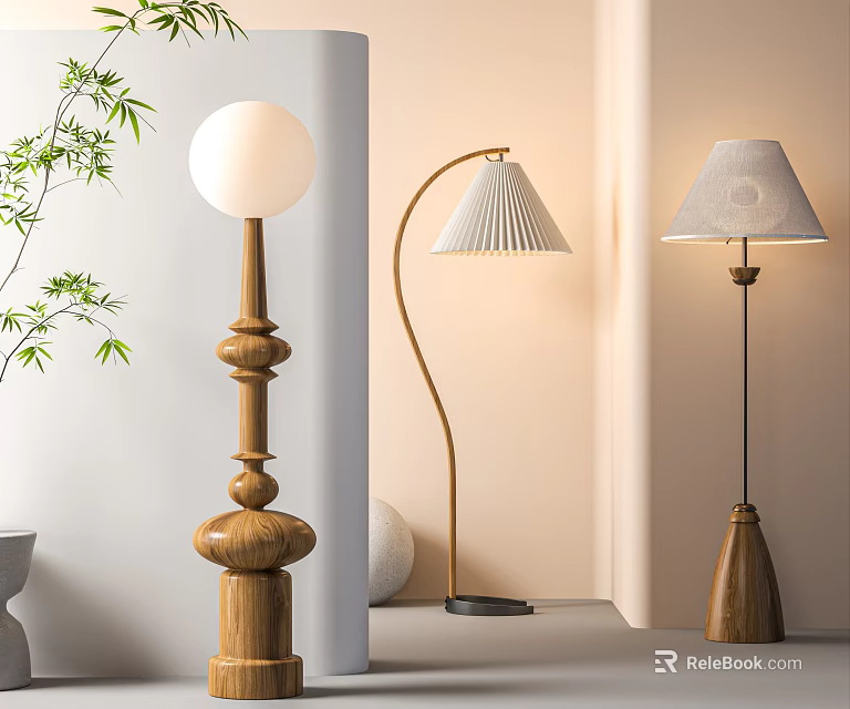 Modern Floor Lamps With Wooden Bases Curved Stands And Pleated Shades 3d model 