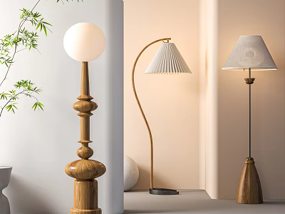 Modern Floor Lamps With Wooden Bases Curved Stands And Pleated Shades 3d model