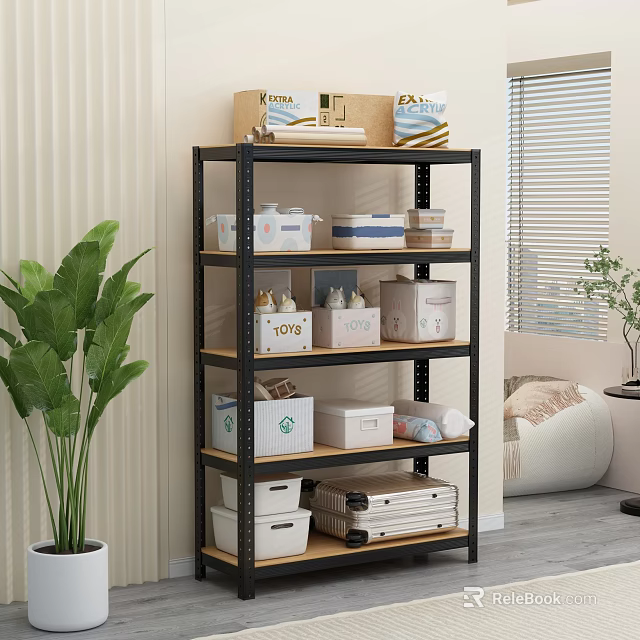 Black Multi Tiered Shelving Unit With Storage Boxes Folded Items And Green Plant 3d model 