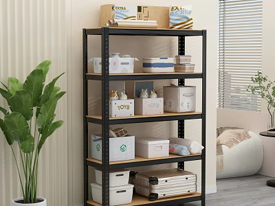 Black Multi Tiered Shelving Unit With Storage Boxes Folded Items And Green Plant 3d model