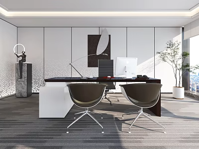 Modern Minimalist Office Interior With Desk Two Chairs Computer Lamp Sculpture Plant And Window 3d model
