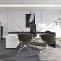 Modern Minimalist Office Interior With Desk Two Chairs Computer Lamp Sculpture Plant And Window