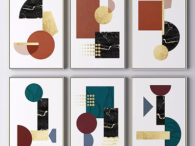 Colorful Abstract Paintings With Geometric Shapes Marble Texture And Gold Accents 3d model
