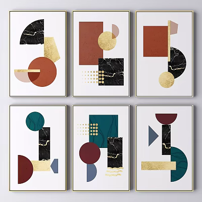 Colorful Abstract Paintings With Geometric Shapes Marble Texture And Gold Accents 3d model