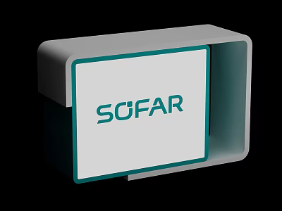 Modern White Reception Desk With Cyan Trim And SOFAR Logo Design 3d model