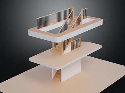 Modern Staircase Structure With Multi Level Platforms Wooden Steps Railing And White Frame 3d model