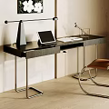 Modern Home Office Desk And Chair Set With Tablet Lamp Glass And Bookshelf Wall Art