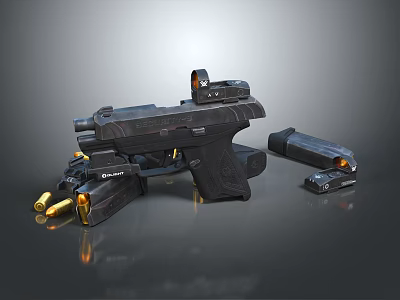 Modern Black Tactical Pistol With Scope Magazines And Ammunition 3d model