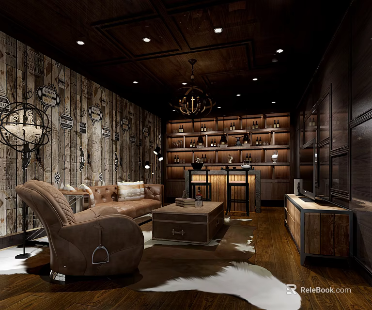 Rustic Basement Interior with Wooden Walls Sofa Armchair Coffee Table Bookshelves TV And Chandelier 3d model 