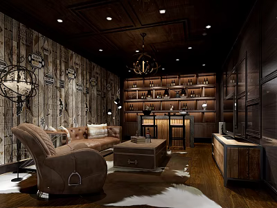 Rustic Basement Interior with Wooden Walls Sofa Armchair Coffee Table Bookshelves TV And Chandelier 3d model