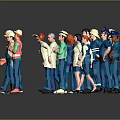 Group of Cartoon Characters in Various Professional Uniforms Standing Together Against Gray Reflective Floor