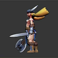 Warrior Character 3D Model With Horned Helmet Blonde Hair Blue Red Outfit Axe And Dagger