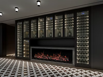 Luxurious Modern Wine Cellar With Glass Door Racks Displayed Bottles Fireplace And Patterned Flooring 3d model