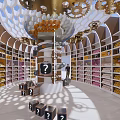 Modern Retail Kiosk With Curved Wooden Roof White Shelves And Product Displays