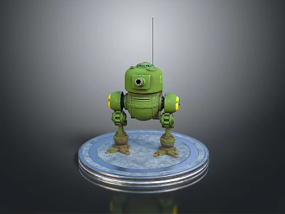 Green Mechanical Robot Character With Single Eye Antenna And Yellow Details On Transparent Base 3d model